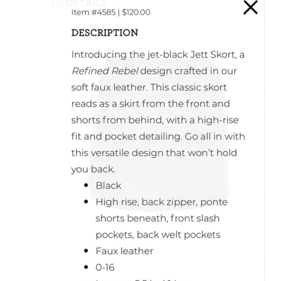 CAbi sz 6 - #4585 black Jett skort faux Leather - Picture 5 of 5